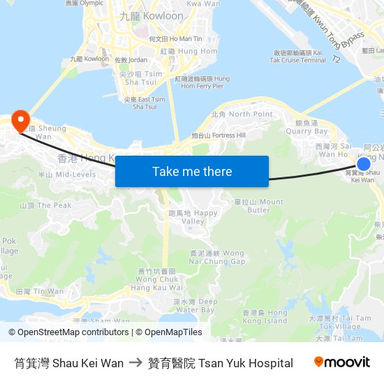 筲箕灣 Shau Kei Wan to 贊育醫院 Tsan Yuk Hospital map