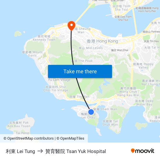 利東 Lei Tung to 贊育醫院 Tsan Yuk Hospital map