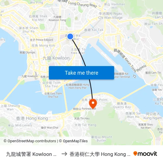 九龍城警署 Kowloon City Police Station to 香港樹仁大學 Hong Kong Shue Yan University map