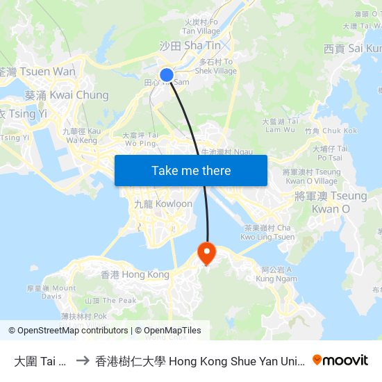 大圍 Tai Wai to 香港樹仁大學 Hong Kong Shue Yan University map