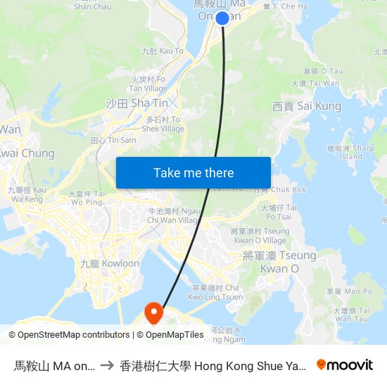 馬鞍山 MA on Shan to 香港樹仁大學 Hong Kong Shue Yan University map