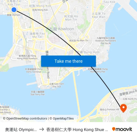 奧運站 Olympic Station to 香港樹仁大學 Hong Kong Shue Yan University map
