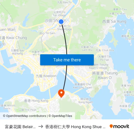 富豪花園 Belair Garden to 香港樹仁大學 Hong Kong Shue Yan University map