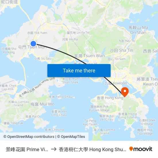 景峰花園 Prime View Garden to 香港樹仁大學 Hong Kong Shue Yan University map