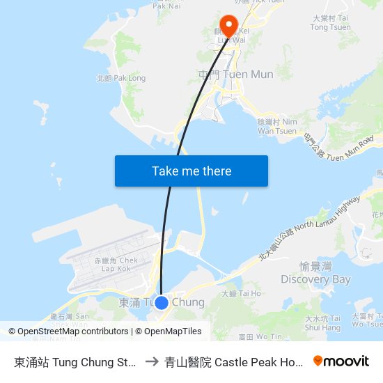 東涌站 Tung Chung Station to 青山醫院 Castle Peak Hospital map