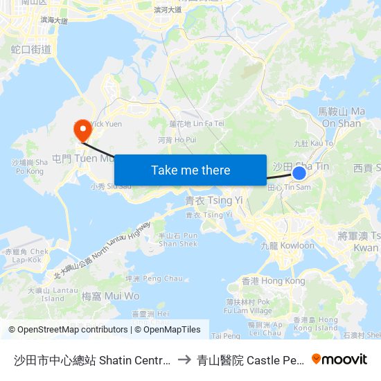 沙田市中心總站 Shatin Central Bus Terminus to 青山醫院 Castle Peak Hospital map