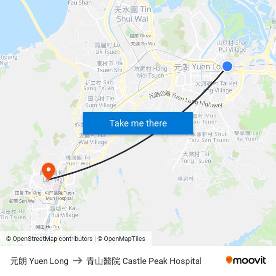 元朗 Yuen Long to 青山醫院 Castle Peak Hospital map