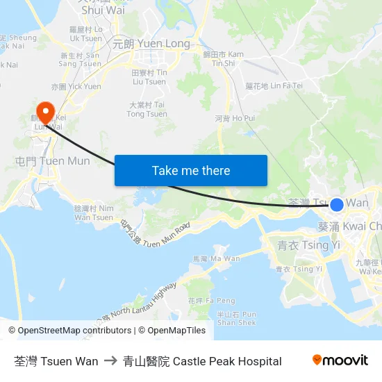 荃灣 Tsuen Wan to 青山醫院 Castle Peak Hospital map