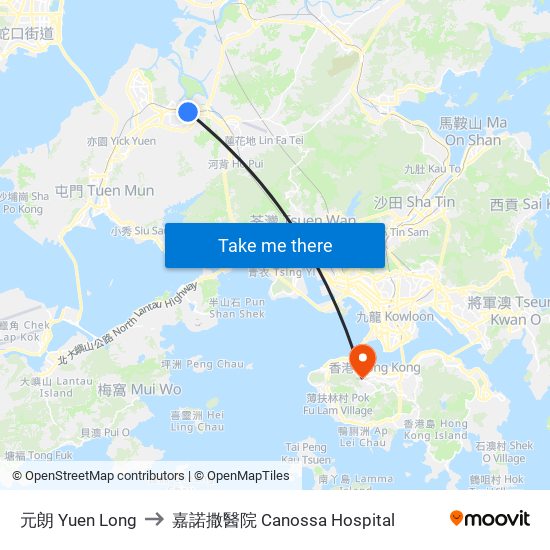 元朗 Yuen Long to 嘉諾撒醫院 Canossa Hospital map