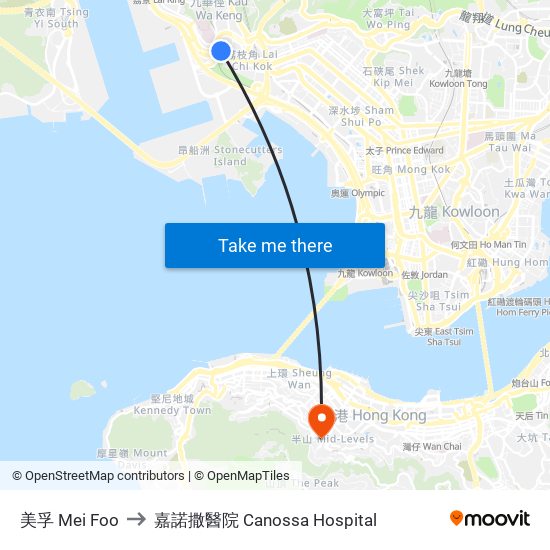 美孚 Mei Foo to 嘉諾撒醫院 Canossa Hospital map