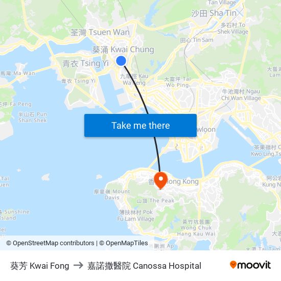 葵芳 Kwai Fong to 嘉諾撒醫院 Canossa Hospital map