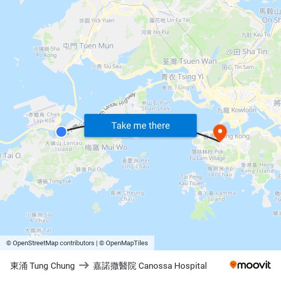 東涌 Tung Chung to 嘉諾撒醫院 Canossa Hospital map