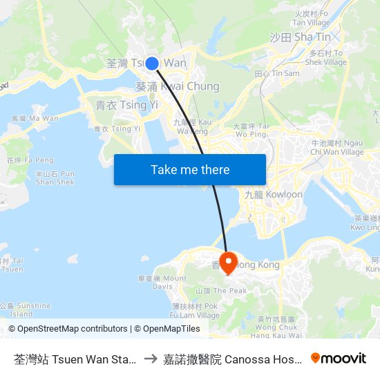 荃灣站 Tsuen Wan Station to 嘉諾撒醫院 Canossa Hospital map