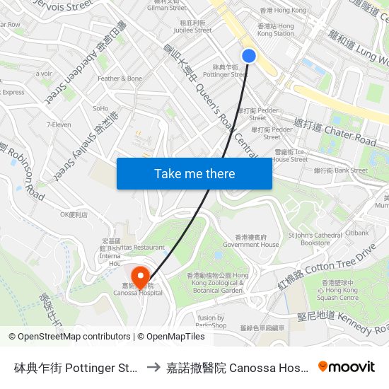 砵典乍街 Pottinger Street to 嘉諾撒醫院 Canossa Hospital map