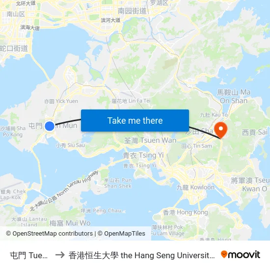屯門 Tuen Mun to 香港恒生大學 the Hang Seng University Of Hong Kong map