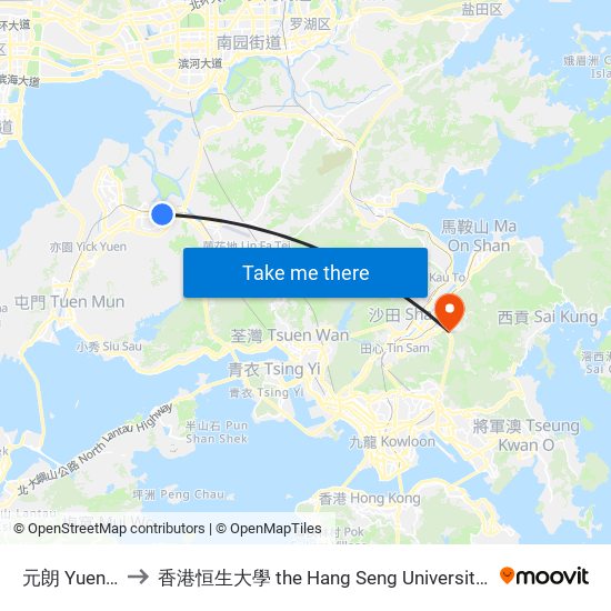 元朗 Yuen Long to 香港恒生大學 the Hang Seng University Of Hong Kong map