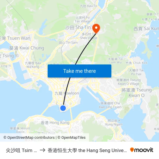 尖沙咀 Tsim Sha Tsui to 香港恒生大學 the Hang Seng University Of Hong Kong map