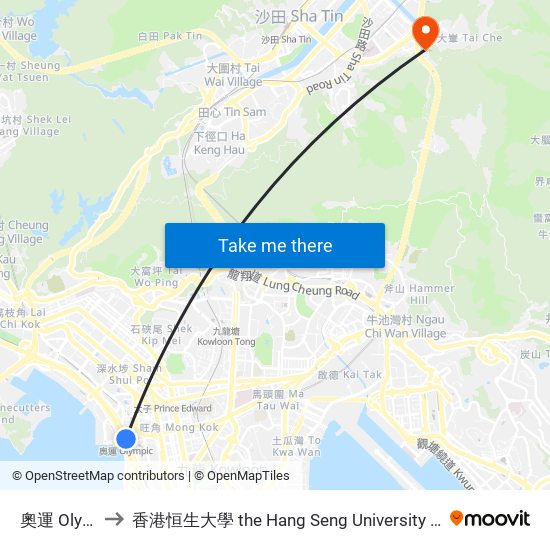 奧運 Olympic to 香港恒生大學 the Hang Seng University Of Hong Kong map