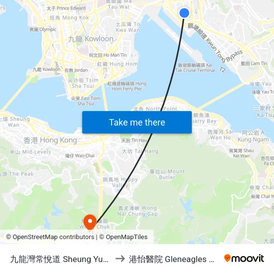 九龍灣常悅道 Sheung Yuet Road Kowloon Bay to 港怡醫院 Gleneagles Hong Kong Hospital map