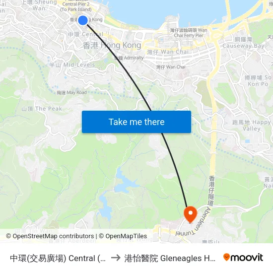 中環(交易廣場) Central (Exchange Square) to 港怡醫院 Gleneagles Hong Kong Hospital map