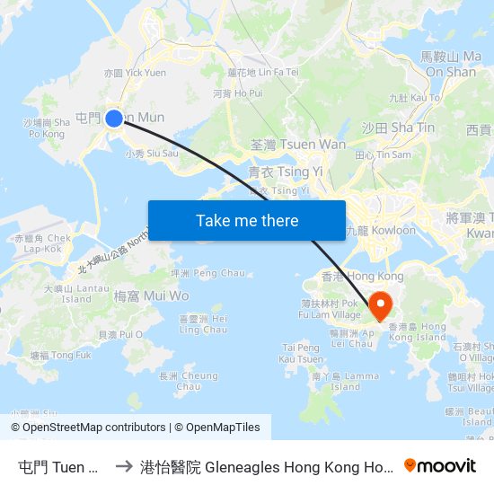 屯門 Tuen Mun to 港怡醫院 Gleneagles Hong Kong Hospital map