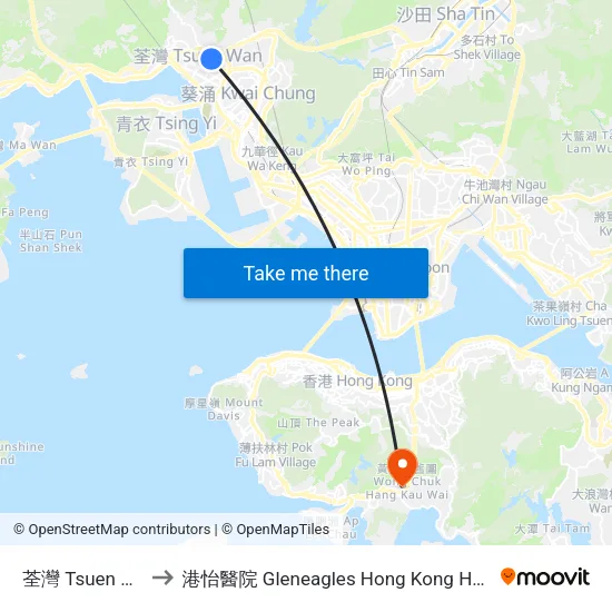荃灣 Tsuen Wan to 港怡醫院 Gleneagles Hong Kong Hospital map