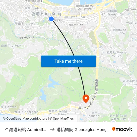金鐘港鐵站 Admiralty Mtr Station to 港怡醫院 Gleneagles Hong Kong Hospital map