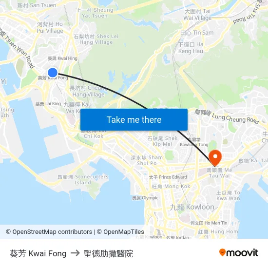 葵芳 Kwai Fong to 聖德肋撒醫院 map
