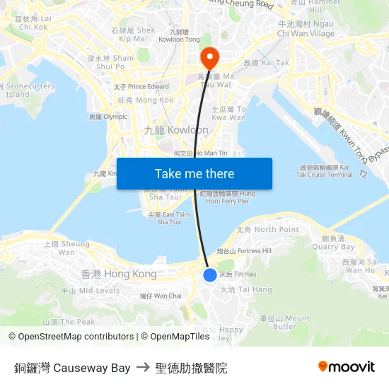 銅鑼灣 Causeway Bay to 聖德肋撒醫院 map