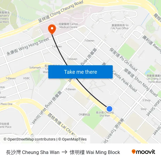 長沙灣 Cheung Sha Wan to 懷明樓 Wai Ming Block map
