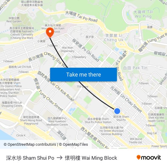 深水埗 Sham Shui Po to 懷明樓 Wai Ming Block map