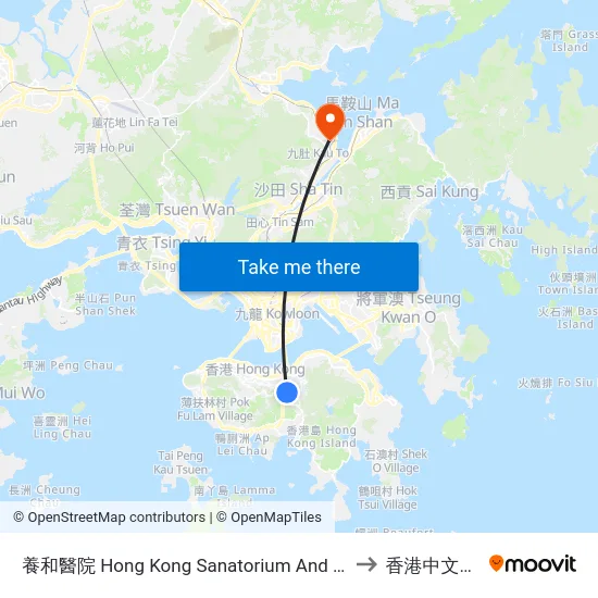 養和醫院 Hong Kong Sanatorium And Hospital to 香港中文大學 map