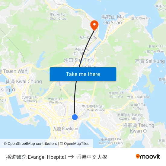 播道醫院 Evangel Hospital to 香港中文大學 map