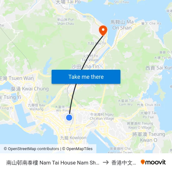 南山邨南泰樓 Nam Tai House Nam Shan Estate to 香港中文大學 map