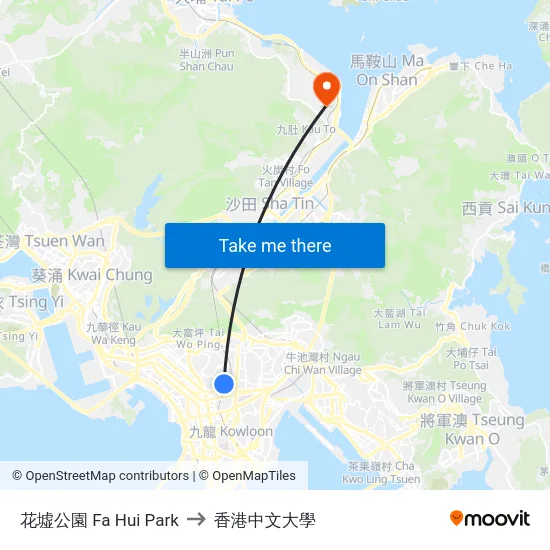 花墟公園 Fa Hui Park to 香港中文大學 map
