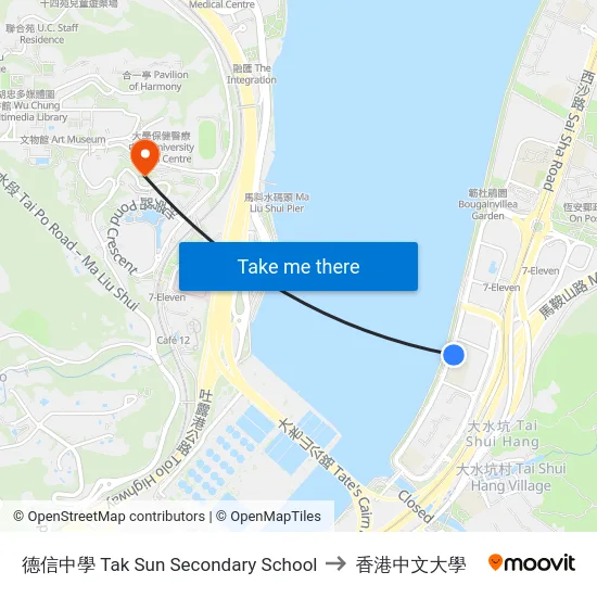 德信中學 Tak Sun Secondary School to 香港中文大學 map