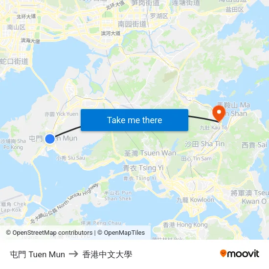 屯門 Tuen Mun to 香港中文大學 map