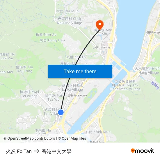 火炭 Fo Tan to 香港中文大學 map