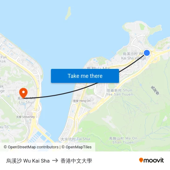 烏溪沙 Wu Kai Sha to 香港中文大學 map