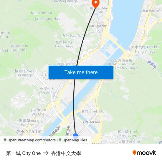 第一城 City One to 香港中文大學 map