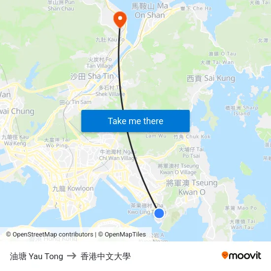 油塘 Yau Tong to 香港中文大學 map