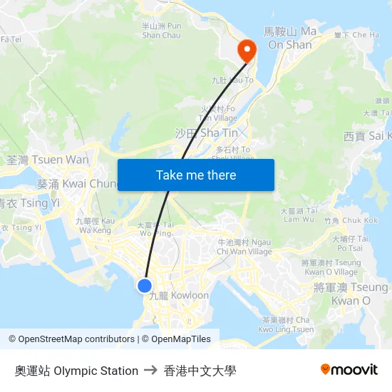 奧運站 Olympic Station to 香港中文大學 map