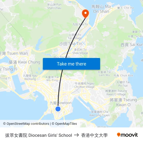 拔萃女書院 Diocesan Girls' School to 香港中文大學 map