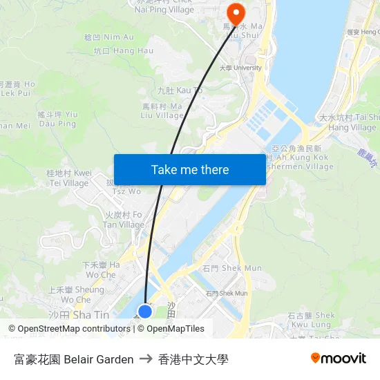 富豪花園 Belair Garden to 香港中文大學 map