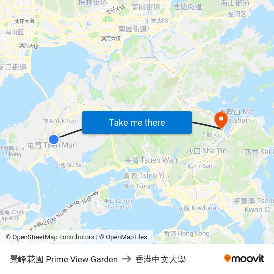 景峰花園 Prime View Garden to 香港中文大學 map