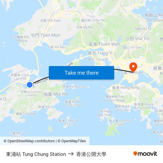 東涌站 Tung Chung Station to 香港公開大學 map