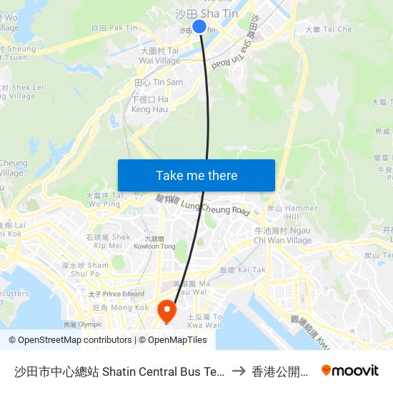 沙田市中心總站 Shatin Central Bus Terminus to 香港公開大學 map