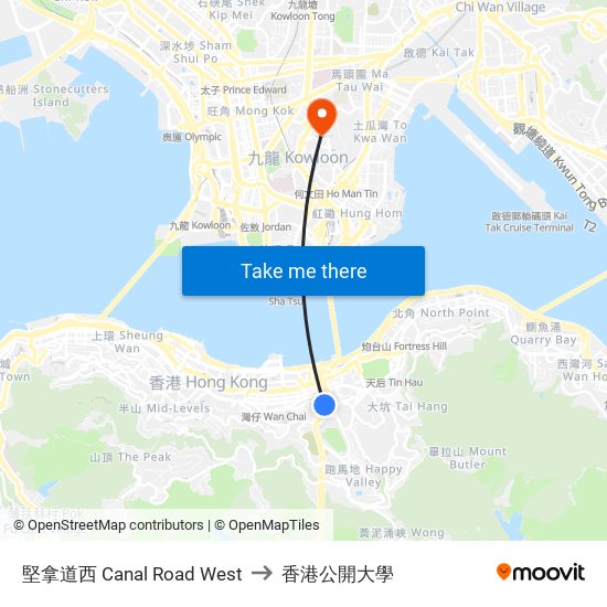 堅拿道西 Canal Road West to 香港公開大學 map