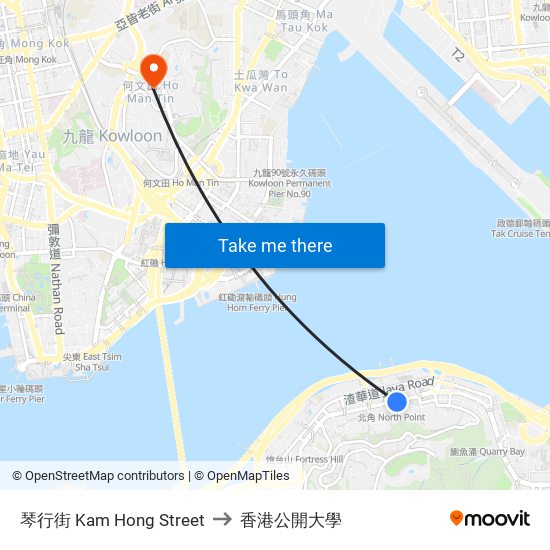 琴行街 Kam Hong Street to 香港公開大學 map