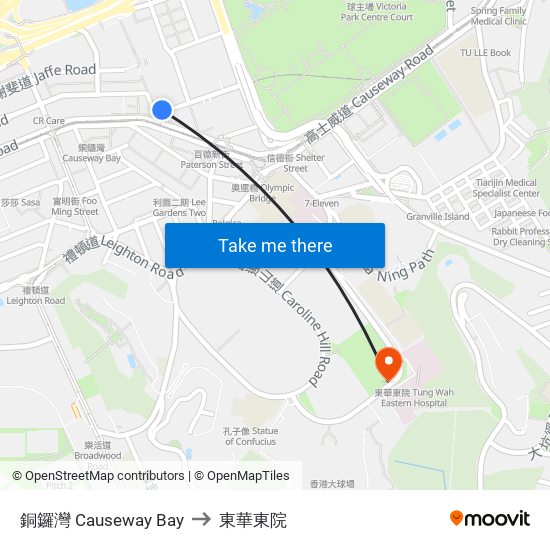 銅鑼灣 Causeway Bay to 東華東院 map